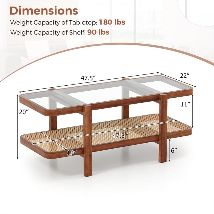 2-Tier Coffee Table with Storage and Tempered Glass Tabletop-Coffee
