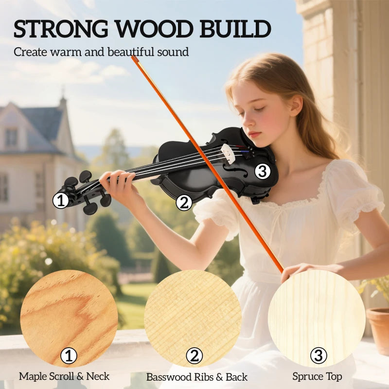 4/4 Full Size Violin, Wood Acoustic Violin Set for Beginners, Adults, with Case, Rosin, Shoulder Rest, Black