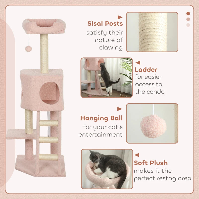 47" Tall Cat Tree Tower with Condo, Ladder, Scratching Posts and Hanging Ball, Pink