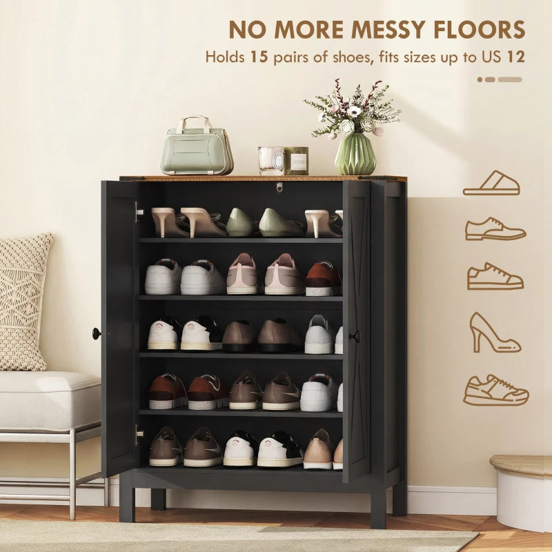 Shoe Cabinet with Barn Doors, Farmhouse Shoe Storage Cabinet with Adjustable Shelves, Holds up to 15 Pairs, Black
