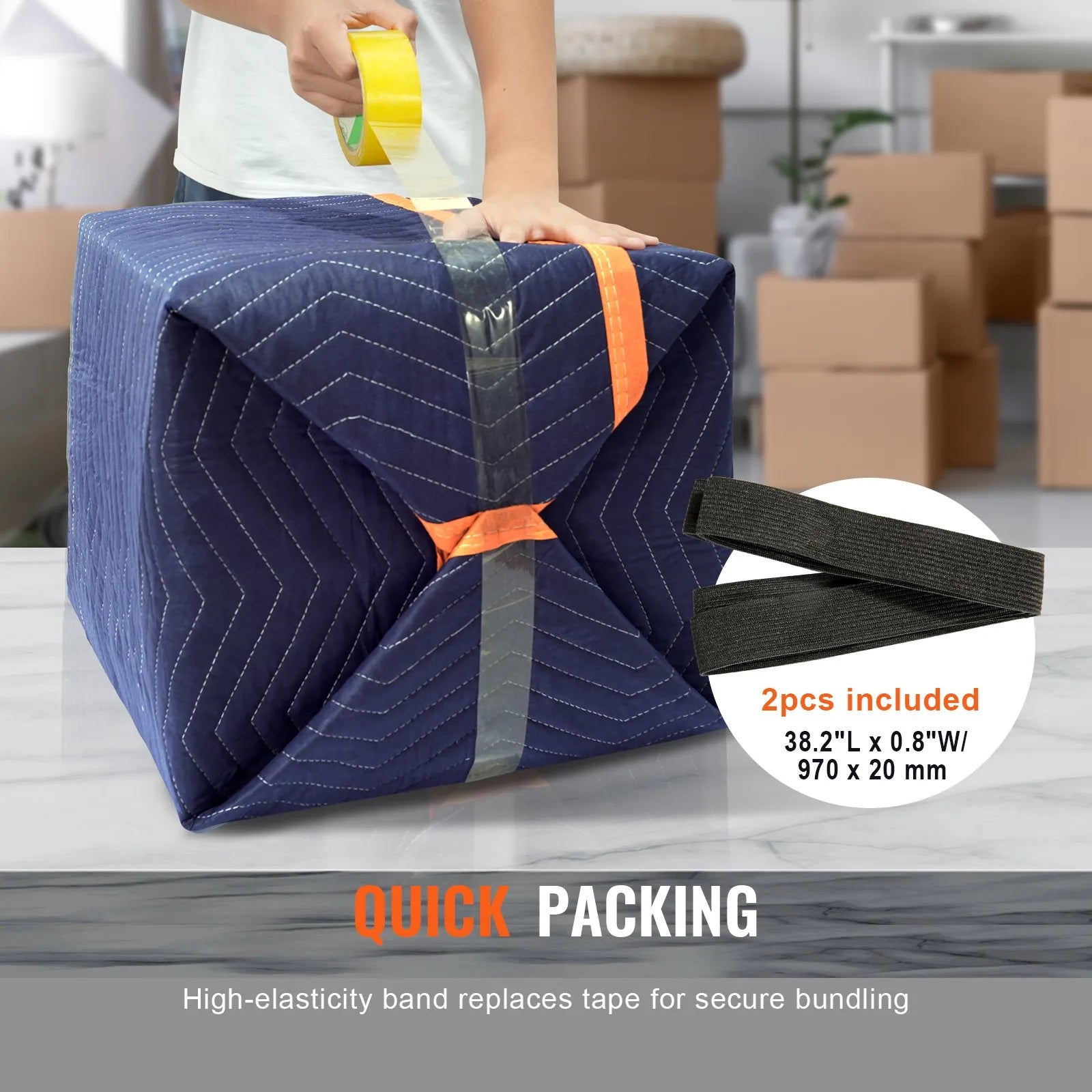 VEVOR Moving Blankets, 80" x 72", 65 lbs/dz Weight, 12 Packs, Professional Non-Woven & Recycled Cotton Packing Blanket, Heavy Duty Mover Pads for Protecting Furniture, Floors, Appliances, Blue/Orange