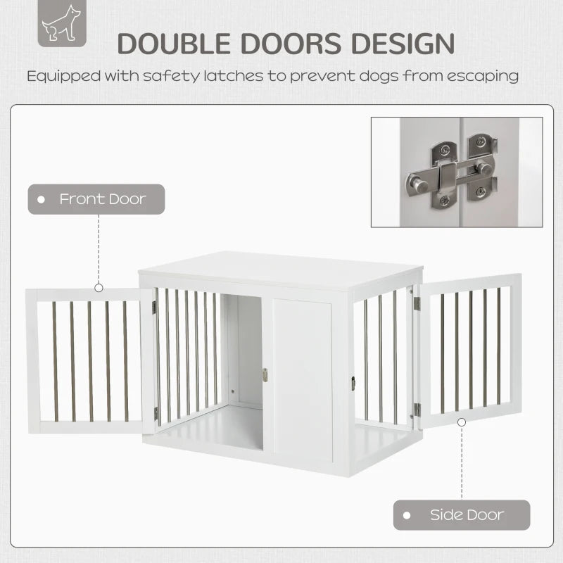 2-in-1 Dog Cage and Side Table, with Two Lockable Doors, for Medium Dogs - White