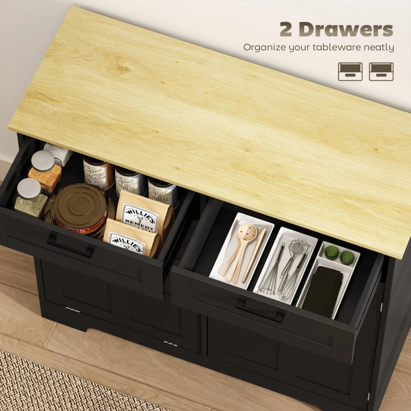 7 Gallon Tilt Out Garbage Cabinet, Kitchen Island with Trash Cabinet, 2 Drawers, Door Racks, Adjustable Shelves, Black