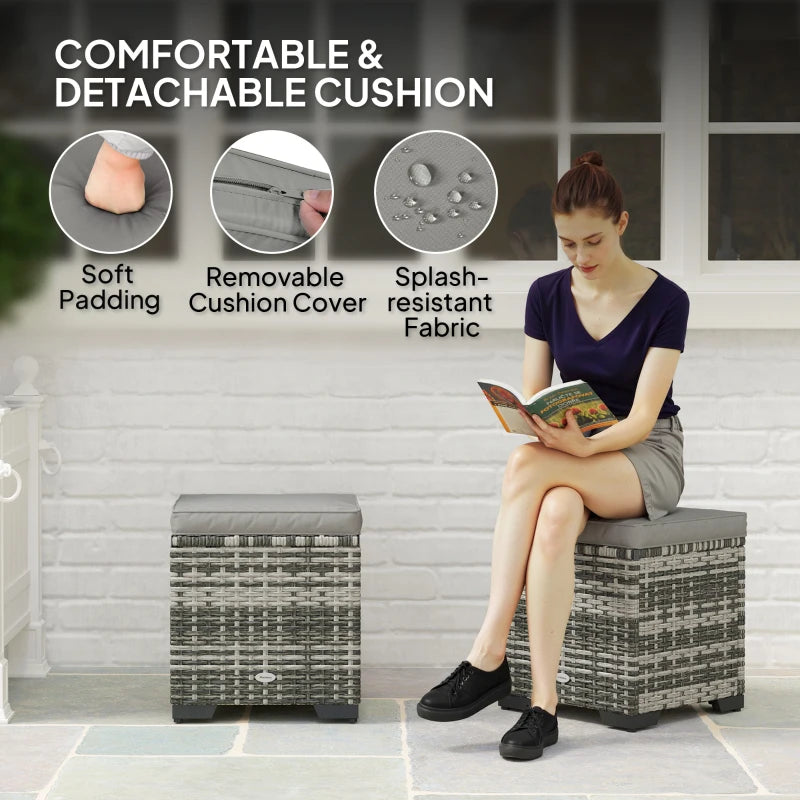 Set of 2 Wicker Ottoman, Outdoor Footstool with Storage & Removable Cushions for Poolside, Patio, Deck, Grey