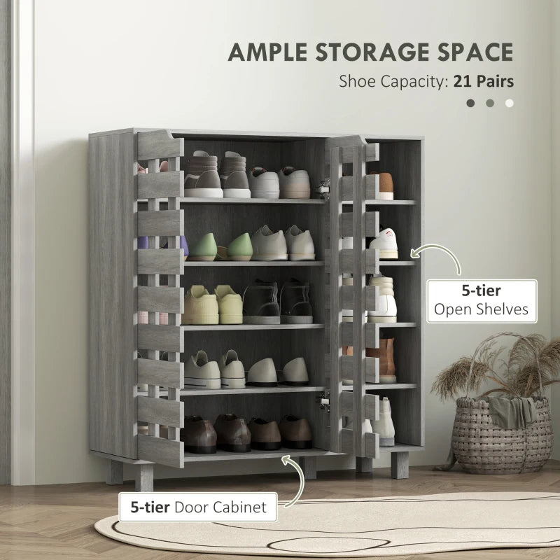 Shoe Cabinet, 21 Pair Shoe Storage Cabinet Organizer with 5-tier Double Door Cabinet and 5-tier Open Shelves, Light Grey