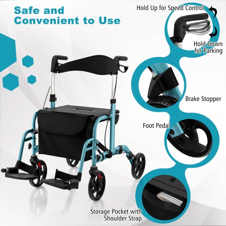 2-in-1 Adjustable Folding Handle Rollator Walker with Storage Space-Blue