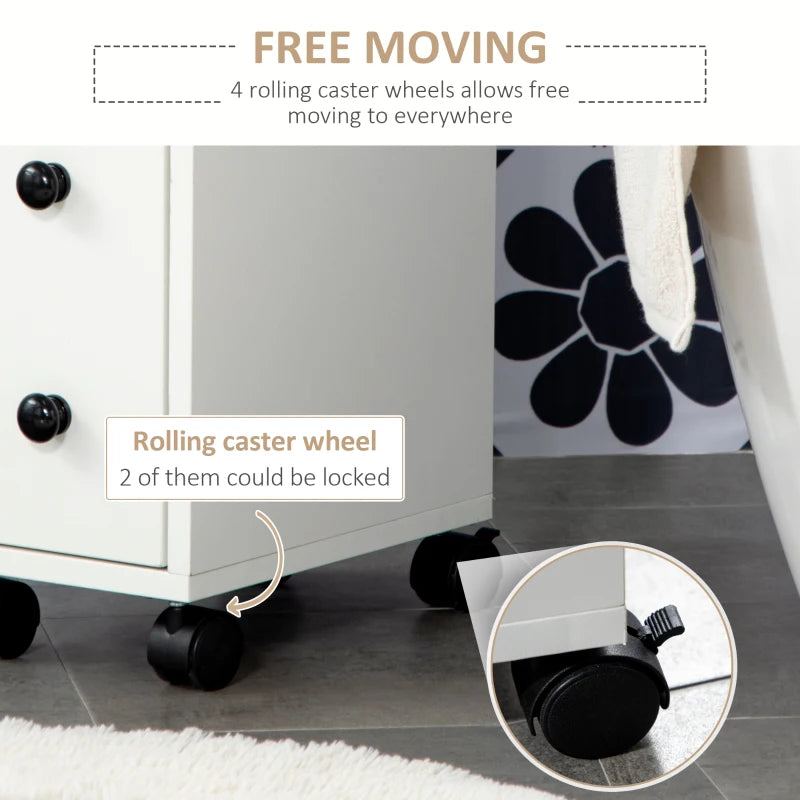 Slim Bathroom Cabinet with Wheels, Narrow Bathroom Storage Cabinet with Door, Drawer and 2 Open Compartments, White