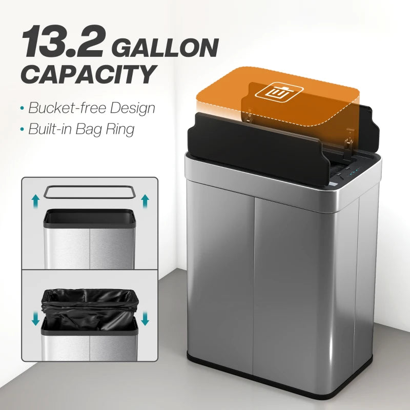 13.2 Gallon Sensor Can, Automatic Garbage Can with Soft-Close Butterfly Lid, Fingerprint-Proof Stainless Steel, Silver