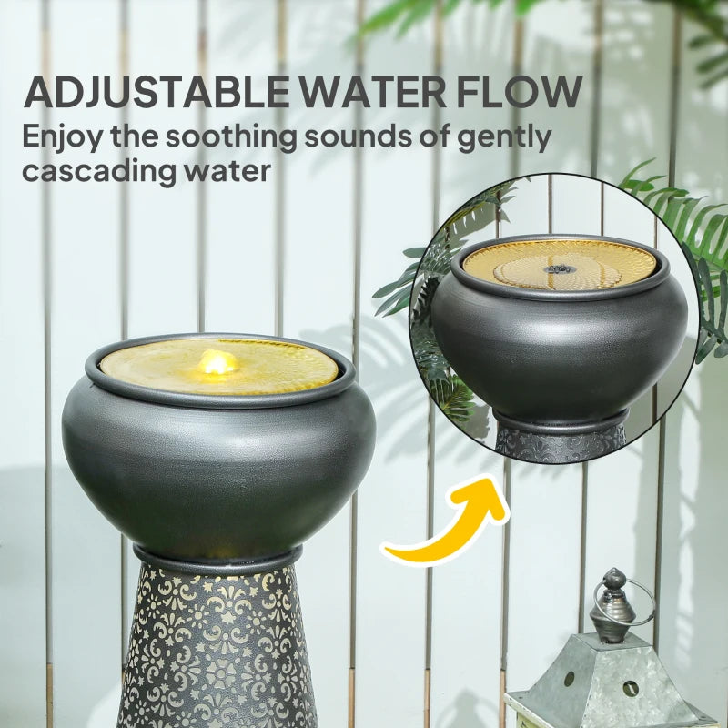28" Tall Outdoor Water Fountain with LED Lights, Bowl Garden Waterfall Fountain with Adjustable Flow, Outdoor Water Feature with Cut-out Floral Base, Dark Grey and Yellow