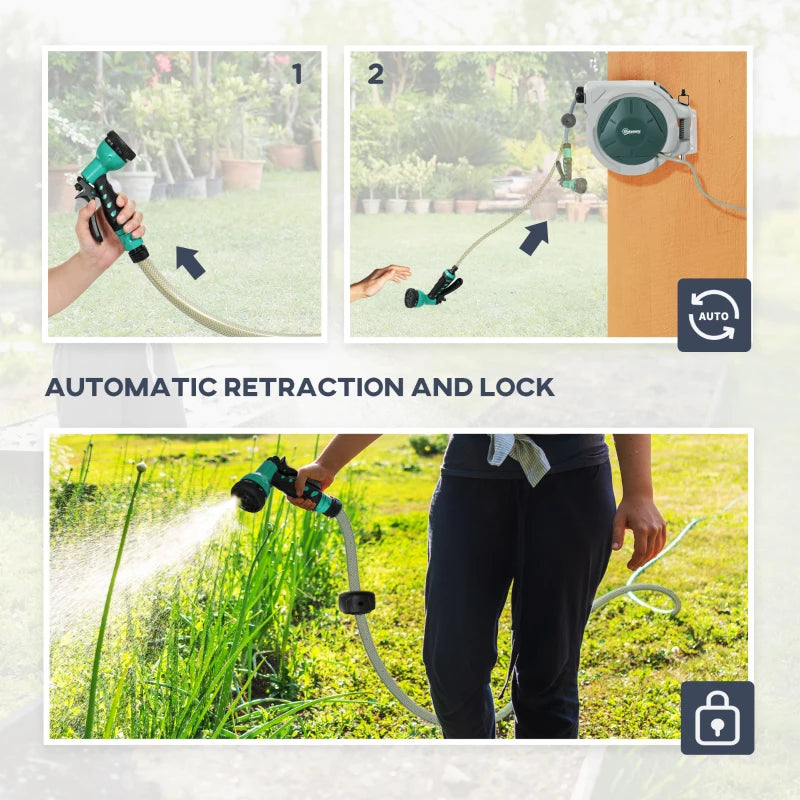 1/2 in x 65ft Wall Mounted Garden Hose Reel, Retractable Water Hose Reel with Auto Rewind, Any Length Lock, Green
