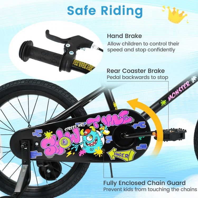 18 Inch Kids Bike with Training Wheels for Ages 4-8 Years Old Black- Street Art Time