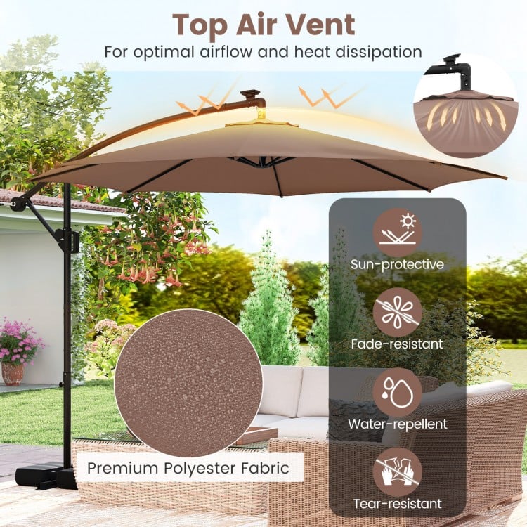 10 Feet Solar Offset Hanging Umbrella with Base and LED Lights-Coffee
