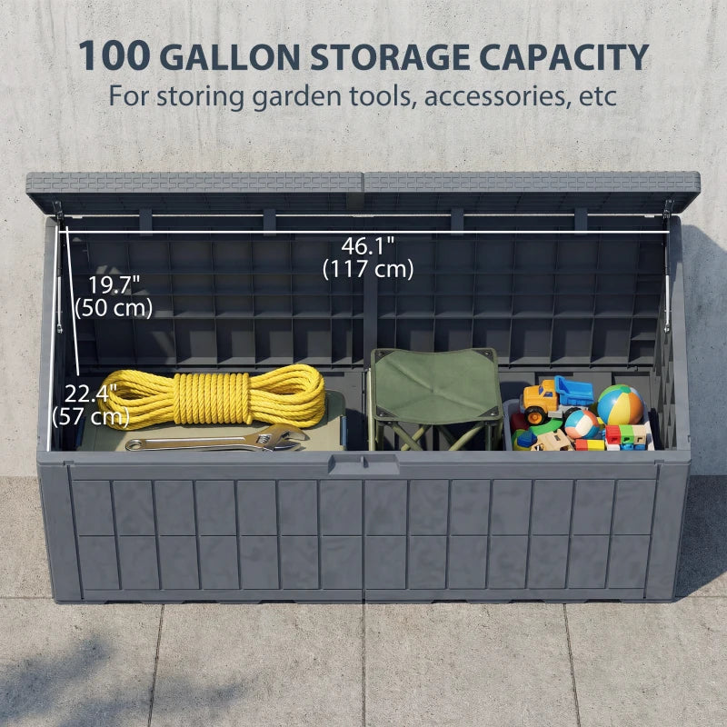 100 Gallon Resin Deck Box, Waterproof Lockable Outdoor Storage Box with Pneumatic Gas Rods, Side Handles