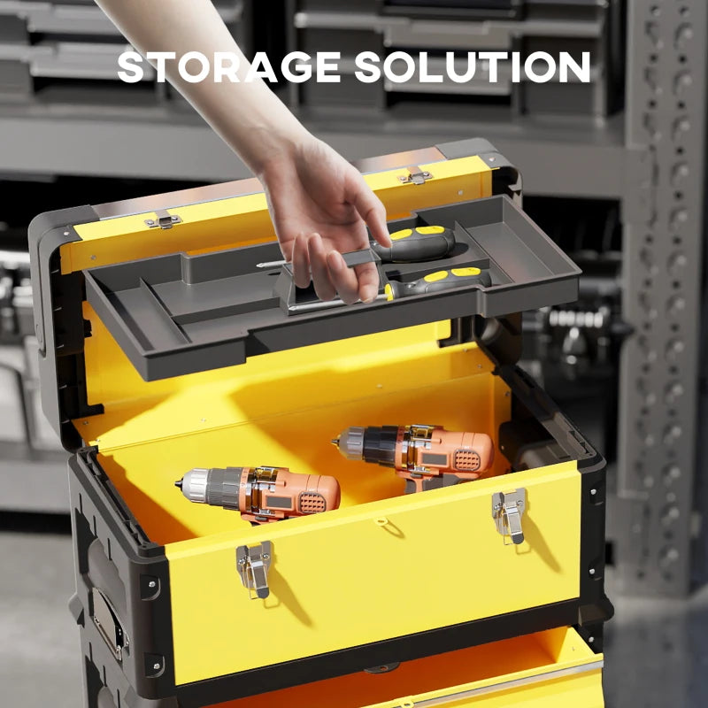 3-in-1 Tool Box with Wheels, Stackable, Modular Steel Toolbox with Tray, Handles, Latches for Workshop, Garage, Yellow