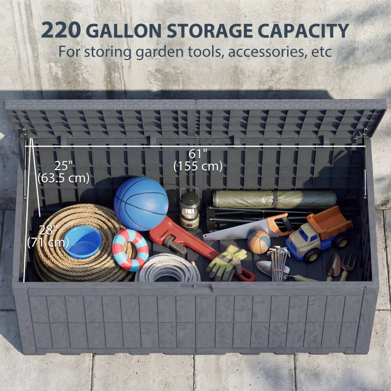 220 Gallon Resin Deck Box, Waterproof Lockable Outdoor Storage Box with Pneumatic Gas Rods, Side Handles