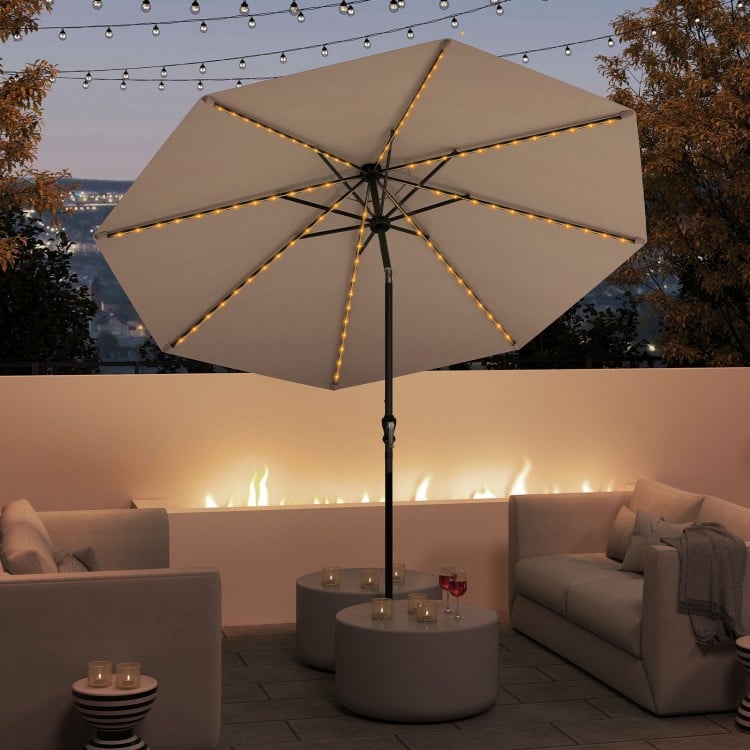 10 Feet Solar Patio Umbrella with 96 Multi-Colored Flowing LED Lights and Tilt Adjustment-Beige