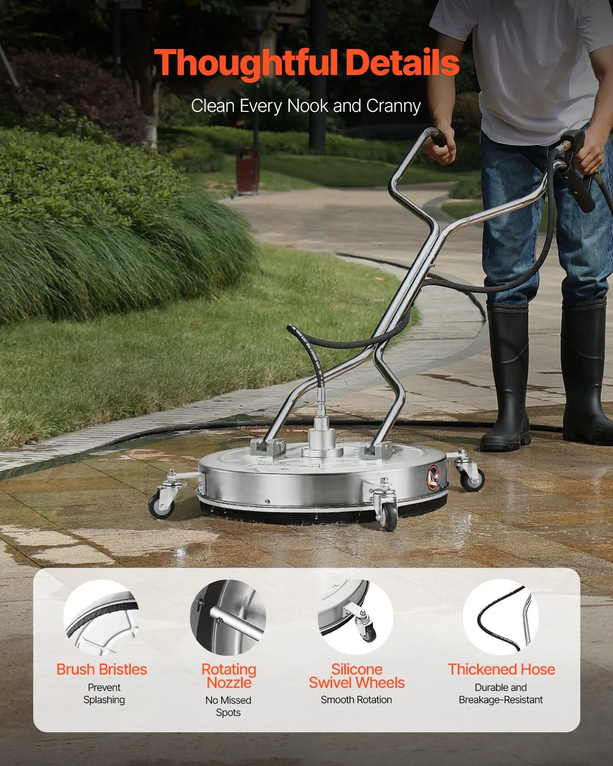 VEVOR 24" Pressure Washer Surface Cleaner 4 Wheels Dual Handle 4500 Max PSI