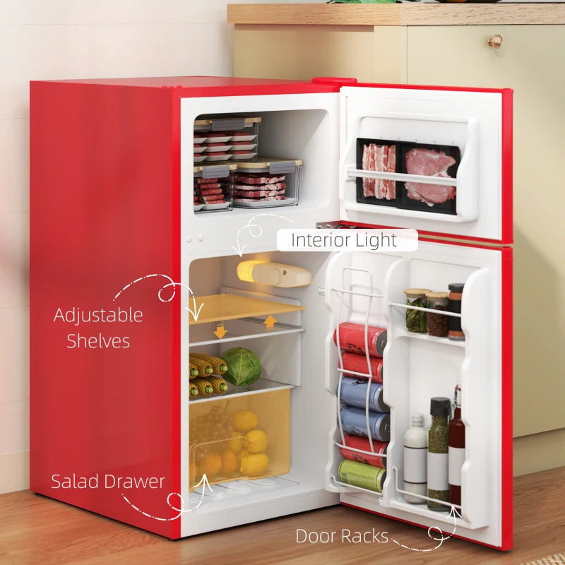 3.2 Cu Ft Compact Refrigerator, Mini Fridge with Freezer, Adjustable Shelves and Reversible Doors for Bedroom, Red