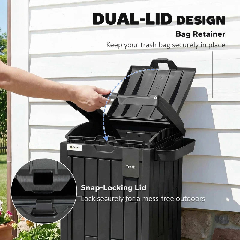 29 Gallon Outdoor Garbage Bin with Dual Lid, Plastic Outdoor Waste Trash Can with Side Holder and Drip Tray, Black