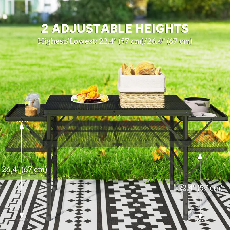 4.5ft Folding Grill Table, Height Adjustable Camping Table w/ Wing Panels, Metal Portable Picnic Table w/ Mesh Desktop