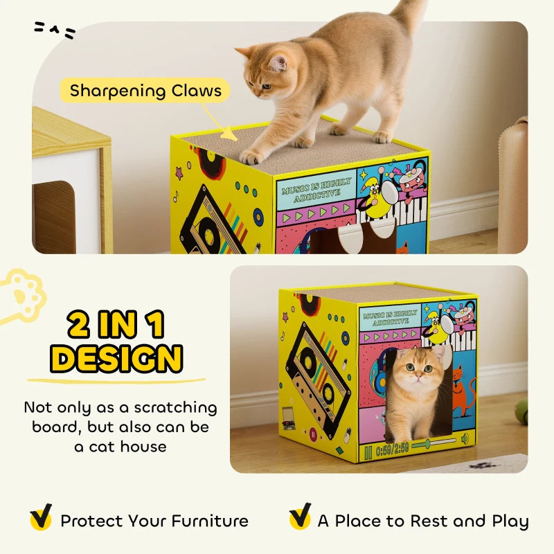 2 in 1 Cardboard Cat House, Cat Scratcher for Indoor Cats with Scratching Board & Catnip