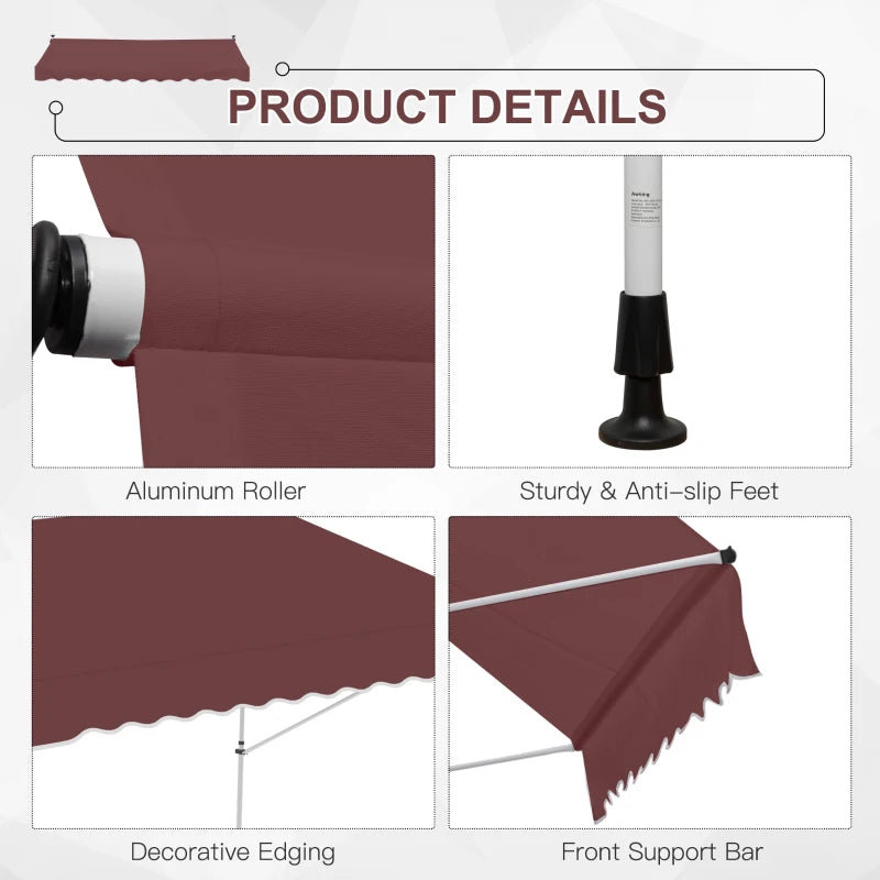 10x5ft Patio Sun Shade Canopy Manual Retractable Awning with 5.6-9.2ft Support Pole for Window, Door, Porch, Wine Red