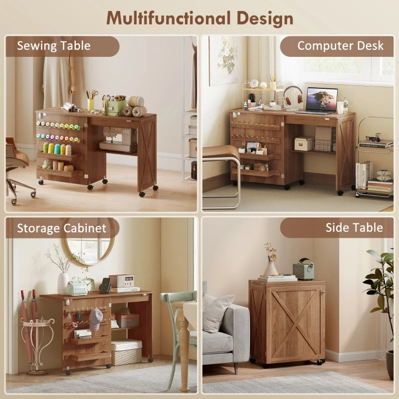 Sewing Machine Table on Wheels, Folding Craft Table with 2 Bins, Storage Shelf, 18 Pegs, Lockable Wheels, Brown