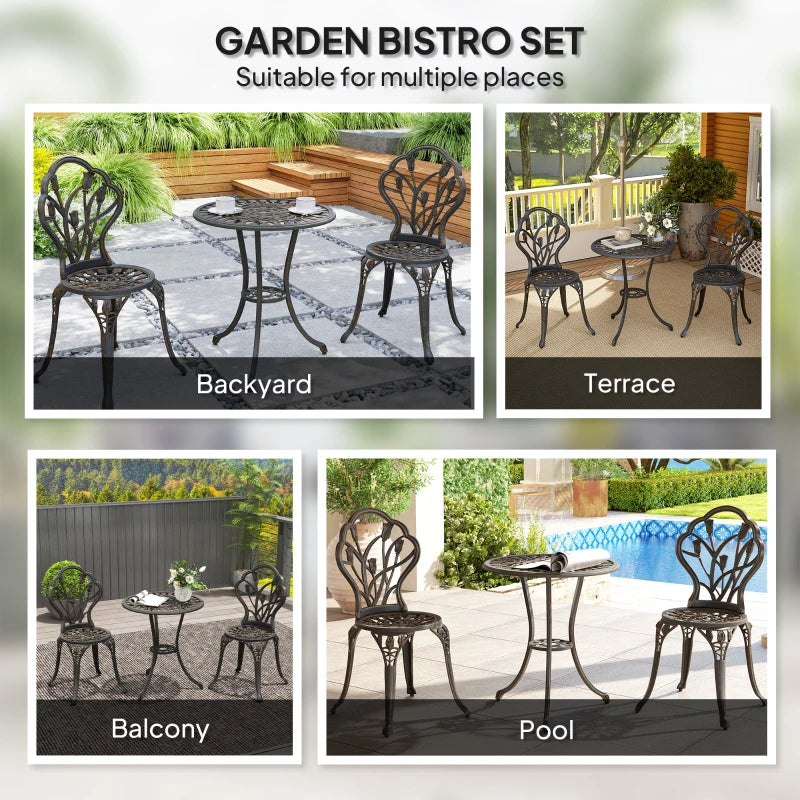 3PCs Patio Bistro Set, Outdoor Cast Aluminum Garden Table and Chairs with Umbrella Hole for Balcony, Bronze