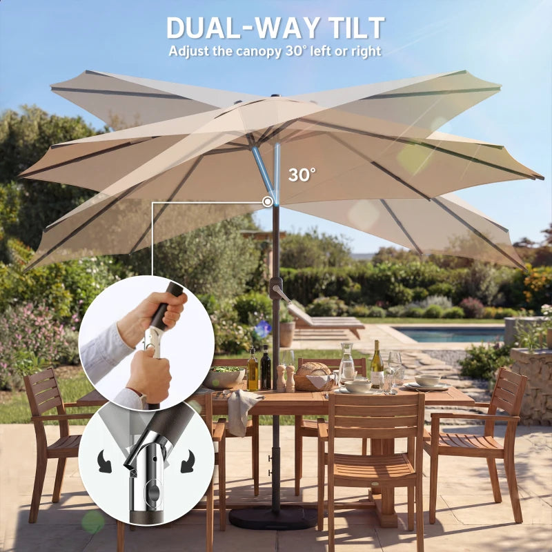 10' x 10' Round Market Umbrella with Base and Sandbag, Patio Umbrella with Crank Handle and Tilt, Khaki