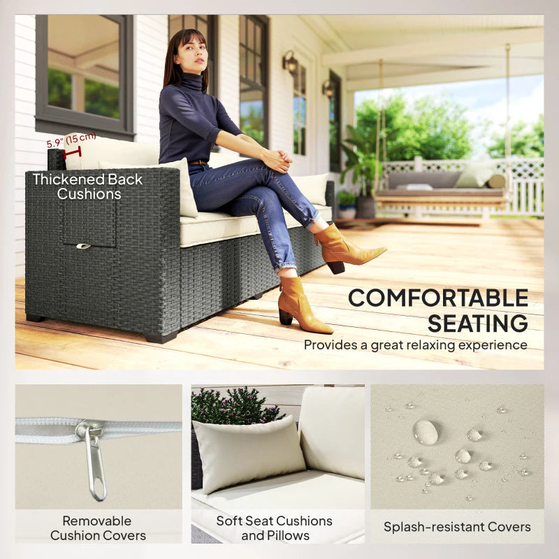 3 Seater Wicker Patio Sofa with Side Trays, Outdoor Couch with 6" Thick Back Cushions, Deep Seating, Cream White