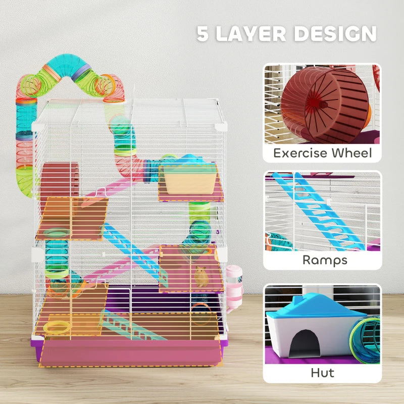 5 Tiers Hamster Cage Portable with Exercise Wheels Play Tube Water Bottle Dishes House Ladder for Gerbils, Purple