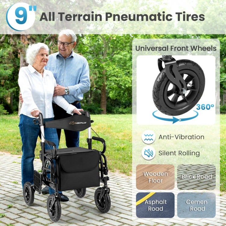 2-in-1 Foldable Rollator Walker with Seat abd 9 Inch Pneumatic Tires for Seniors-Black