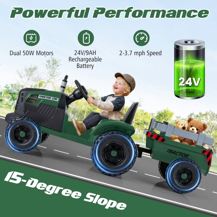 24V Ride On Tractor for Kids Electric Vehicle with Detachable Trailer and Remote Control-Dark Green