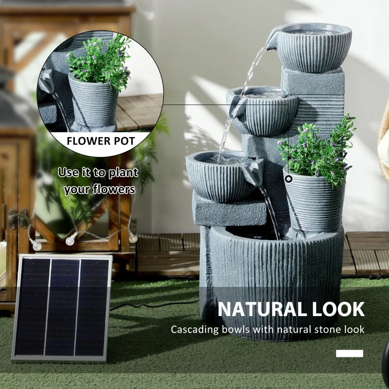 Solar Powered Outdoor Water Fountain, 4-Tier Floor Standing Resin Cascading Bowls Waterfall Fountain with LED Lights