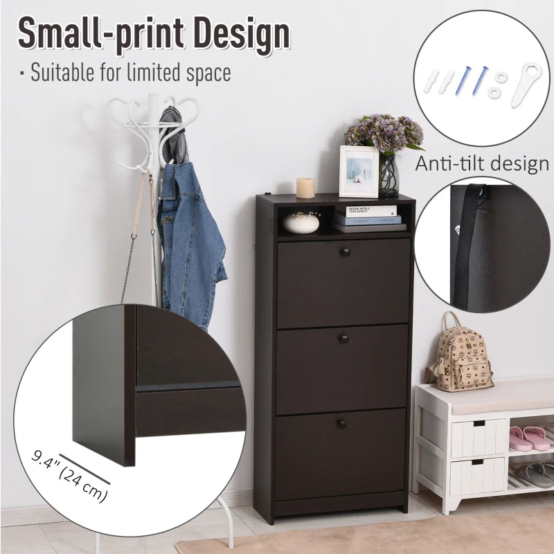 Slim Shoe Storage with 3 Flip Drawers and Adjustable Shelves Shoe Cabinet Organizer for 9 Pair, Coffee