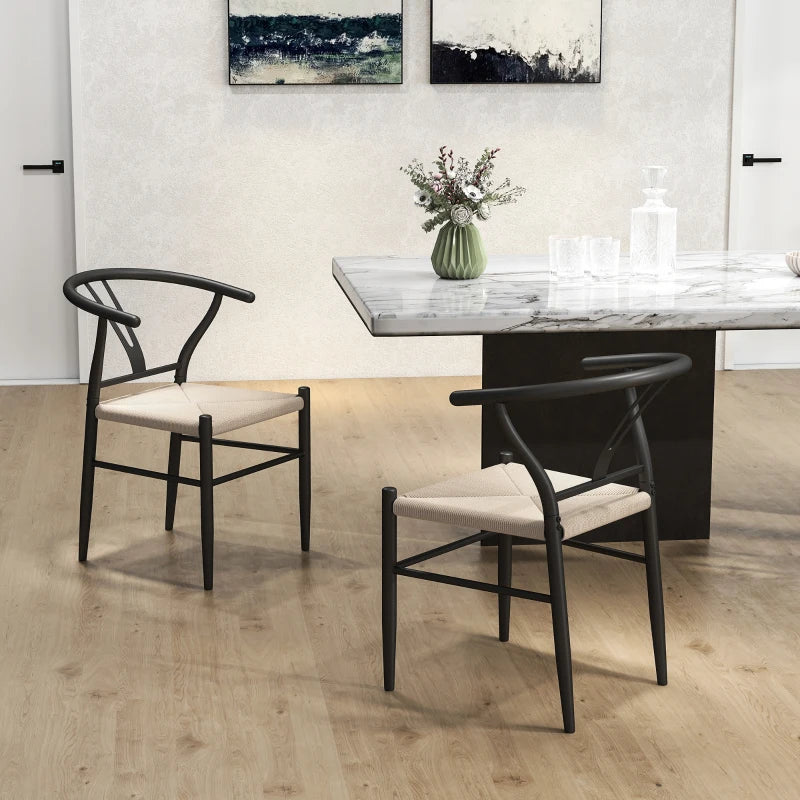 Set of 2 Weave Dining Chairs, Mid-Century Modern Dining Room Chairs with Y-Shaped Backrest and Hemp Seat, Black