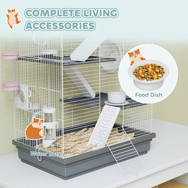 4-Level Large Hamster Cage with DIY Tubes, Water Bottle, Food Dish, Hut, Exercise Wheels, Grey