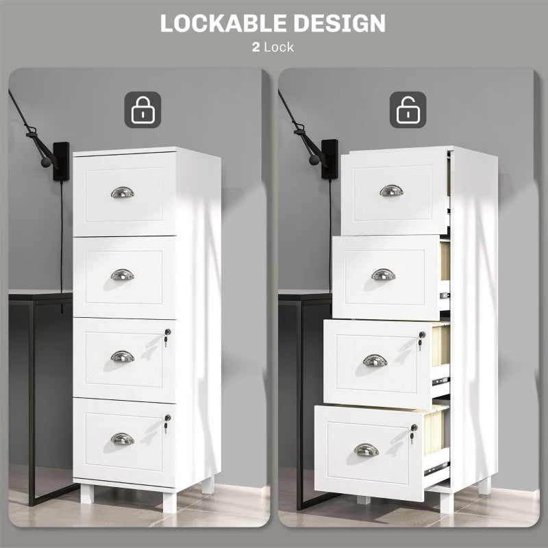 4 Drawer File Cabinet with Lock, Office Filing Cabinet, A4 Letter Size, Hanging File Folders, White