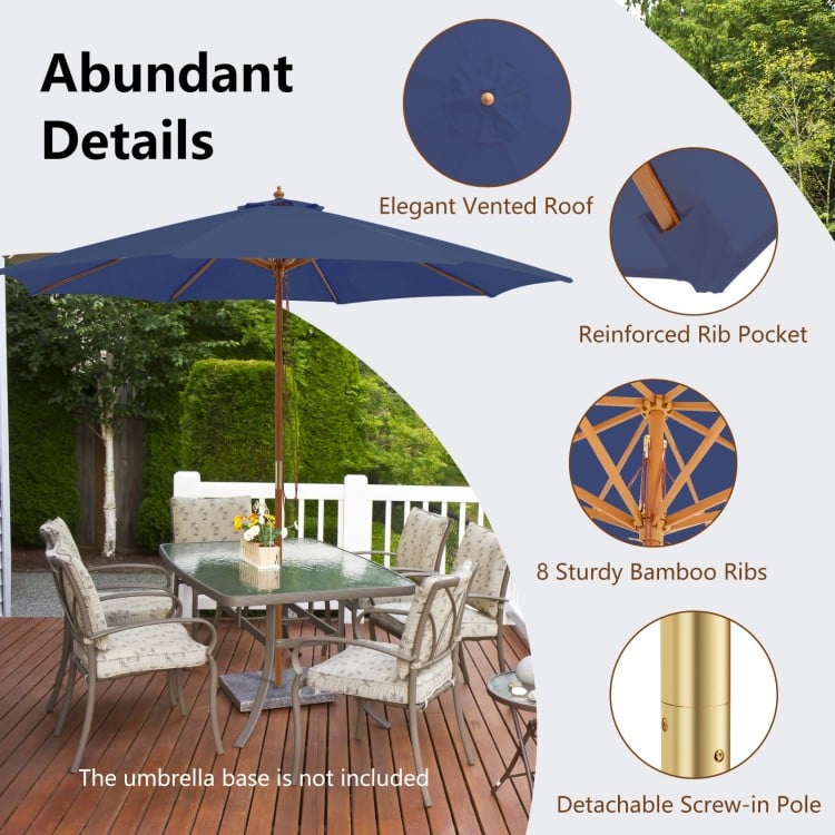10 Feet Patio Umbrella with 8 Wooden Ribs and 3 Adjustable Heights-Navy