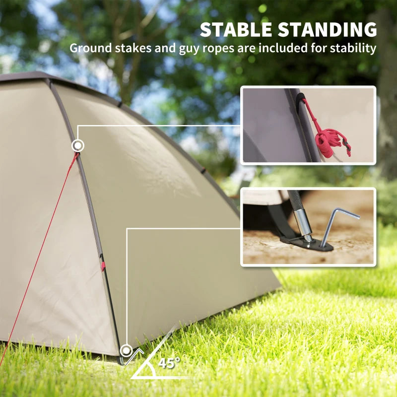 2 Person Camping Tent, Waterproof Family Dome Tent with Bedroom, Porch, Sewn-in Groundsheet and Hook, Khaki