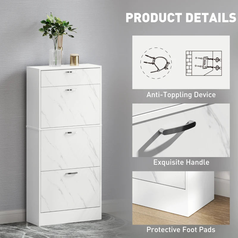 3 Flip Drawer Shoe Cabinet, Marble-Effect Narrow Shoe Storage Cabinet with Top Drawer and Adjustable Shelves, White