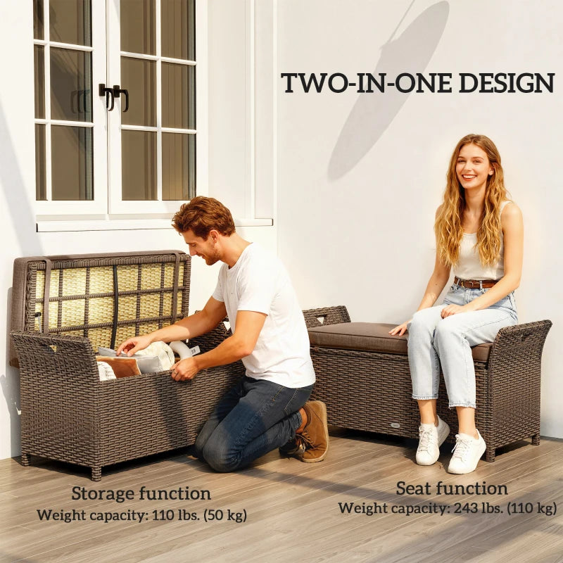 2-In-1 Outdoor Storage Bench, 29 Gallon Wicker Deck Box with Handles and Cushion, Tan