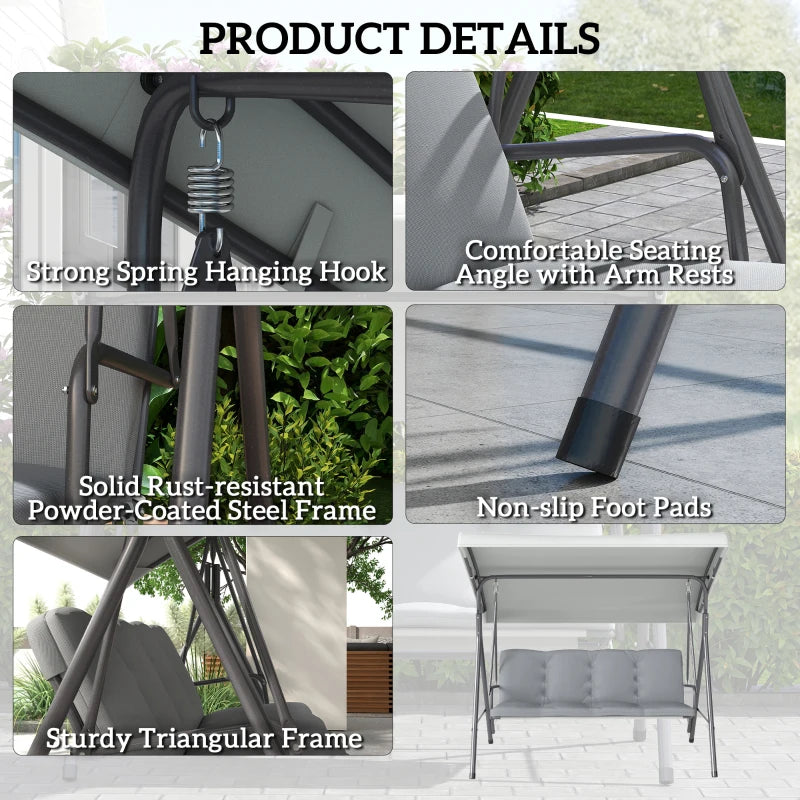 3-Seat Patio Swing Chair, Outdoor Porch Swing Glider with Adjustable Canopy, Light Grey
