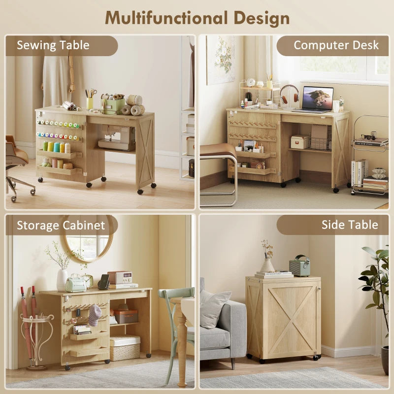 Sewing Machine Table on Wheels, Folding Craft Table with 2 Bins, Storage Shelf, 18 Pegs, Lockable Wheels, Natural