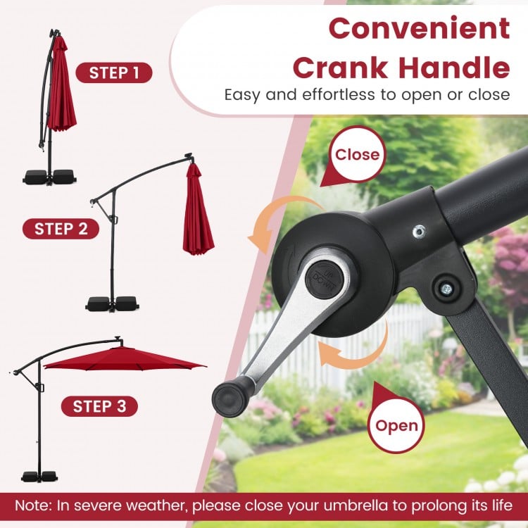 10 Feet Solar Offset Hanging Umbrella with Base and LED Lights-Red