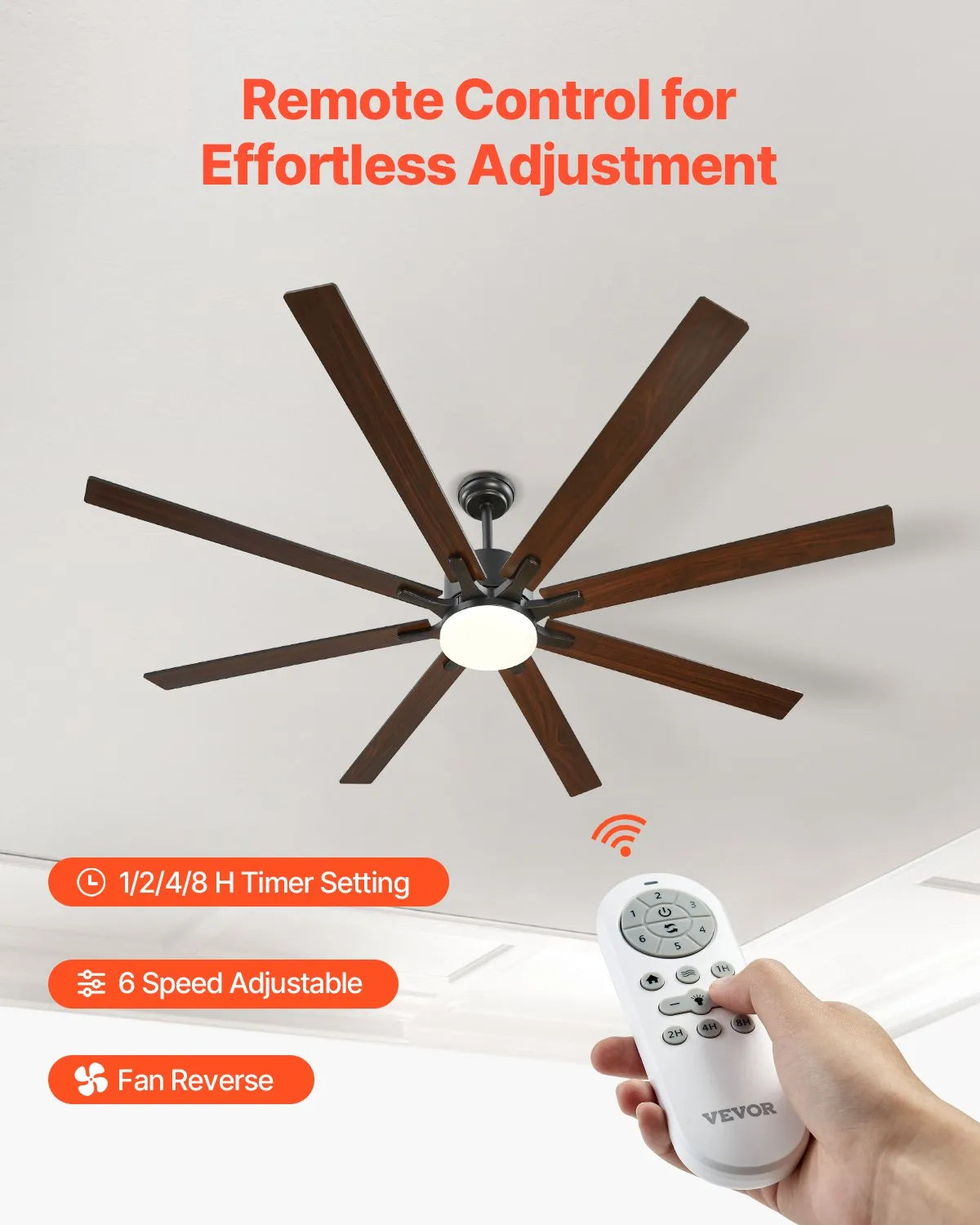 VEVOR 72 In Ceiling Fan with Light 6-Speed Remote Control Reversible Motor Black