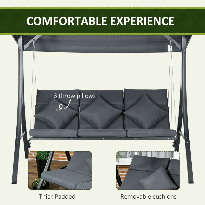 3-Person Patio Swing Chair, Outdoor Porch Swing Bench with Adjustable Canopy, Cushioned Seat, Dark Grey