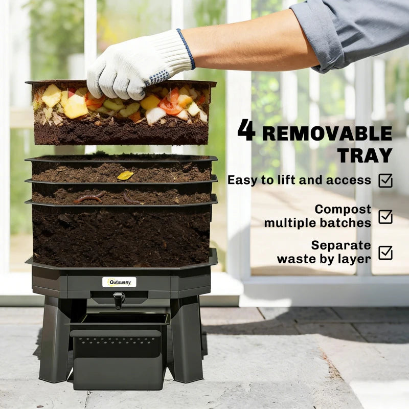 4-Tray Worm Composter Bin, 7.4 Gal Outdoor & Indoor Worm Composter for Recycling Food Waste, Dark Green