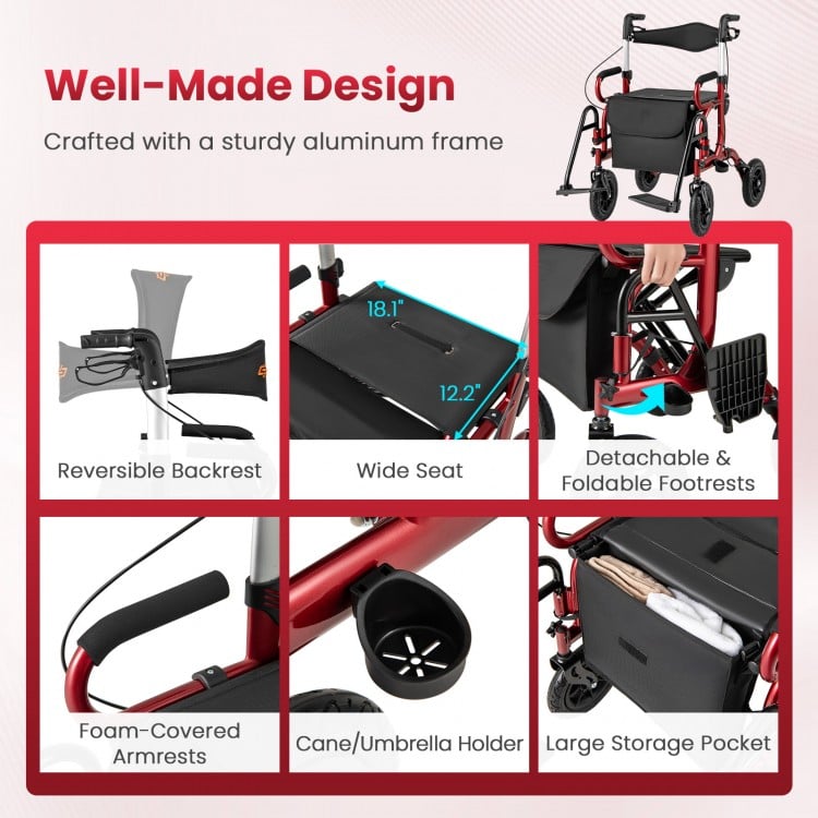 2-in-1 Foldable Rollator Walker with Seat abd 9 Inch Pneumatic Tires for Seniors-Red