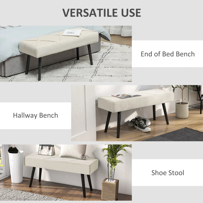 39 Inches Upholstered Bedroom Bench, Modern End of Bed Bench with Steel Legs, Cream White
